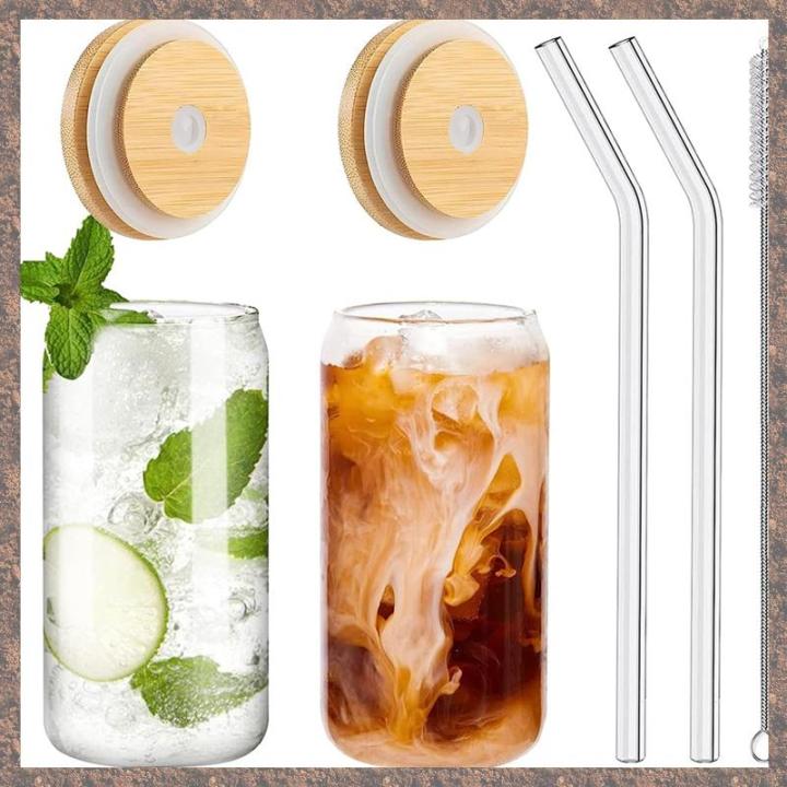 2PCS Set, Drinking Glasses with Bamboo Lids 16Oz Can Shaped Glass Cups ...