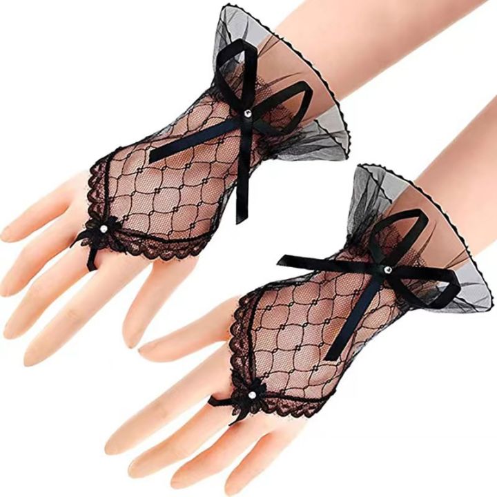 Wholesale Short Black Gloves Lace Ghost Bride Wedding Halloween Lolita Costume Mesh Bow