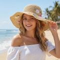Casual Colorful Flower Straw Hat Boho Wide Brim Women's Sun Hats Lightweight Foldable Weave Hat Travel. 