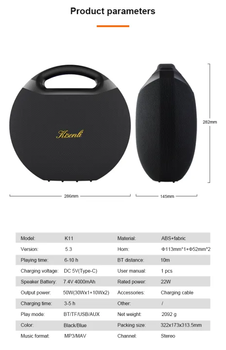 Kisonli K11 50W Powerful Bass Speaker Portable Wireless Loud Sound ...