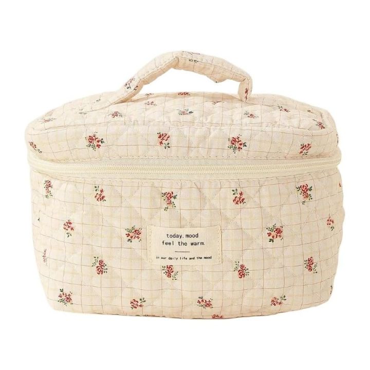 Portable Floral Graphic Cotton Quilted Makeup Bag Large Striped Polka Dots Travel Makeup Bag Graffiti Cute Organizer Women Girls