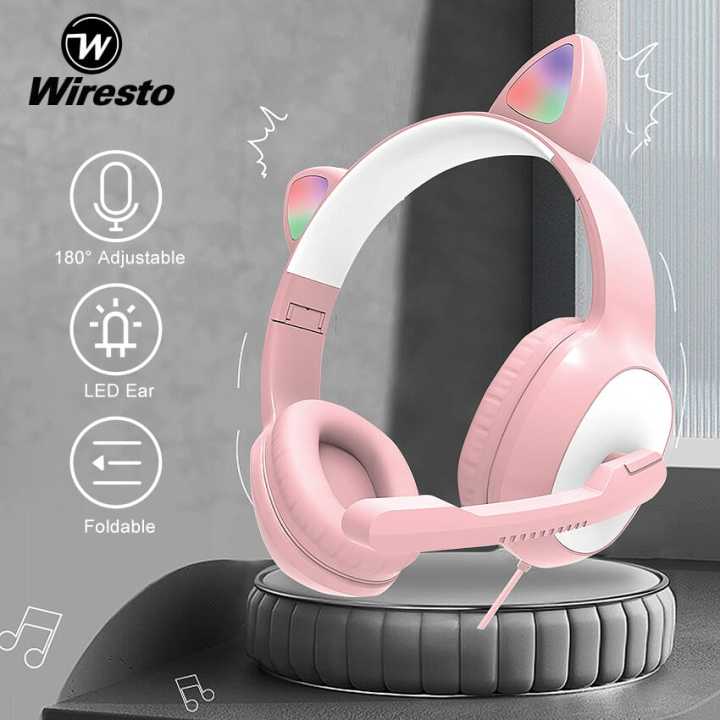 Wiresto Over The Ear Headphones Cat Ear Headsets RGB Light Cat Ear