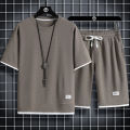 Waffle short sleeve t-shirt men's casual sportswear wholesale summer loose two-piece half-sleeved t-shirt two-piece set. 
