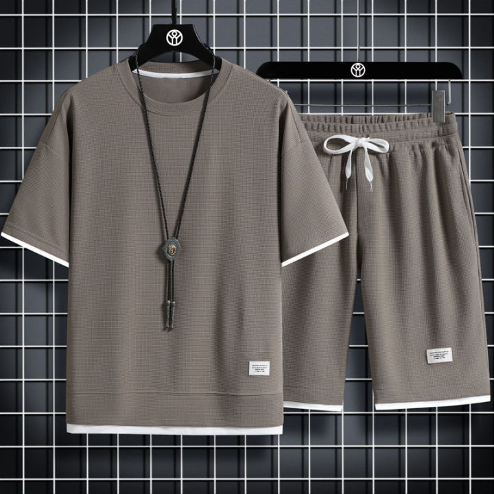 Waffle short sleeve t-shirt men's casual sportswear wholesale summer loose two-piece half-sleeved t-shirt two-piece set