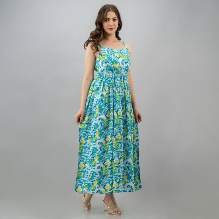 Women Blue Viscose Rayon Fit and Flare Floral Print Dress