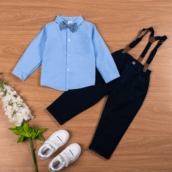 2-Piece Baby Boy Full-Sleeve Shirt with Bow Tie and Solid