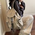 Simple Solid Color Drawsting Backpacks Nylon Light Weight Ruched Shoulder Bags Large Capacity Casual Student Schoolbag Outdoor. 