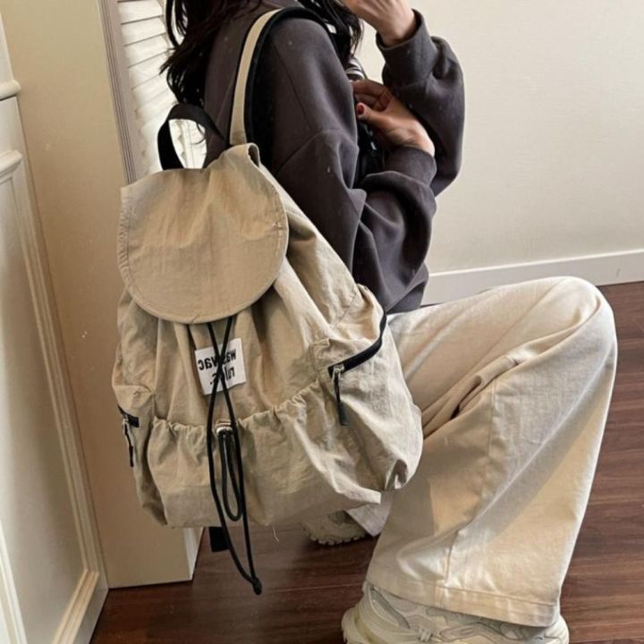 Simple Solid Color Drawsting Backpacks Nylon Light Weight Ruched Shoulder Bags Large Capacity Casual Student Schoolbag Outdoor