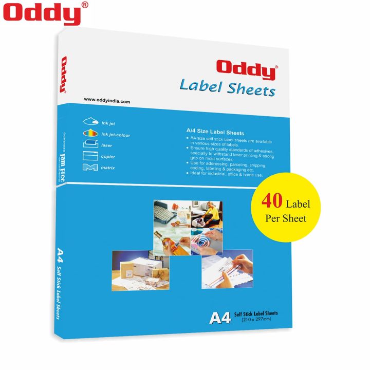 Oddy A4 Self Adhesive Paper Label Stickers for Laser & Inkjet Printers - 40 Labels per Sheet - Pack of 100 Sheets, for Shipping, Address, Folders, Industrial use