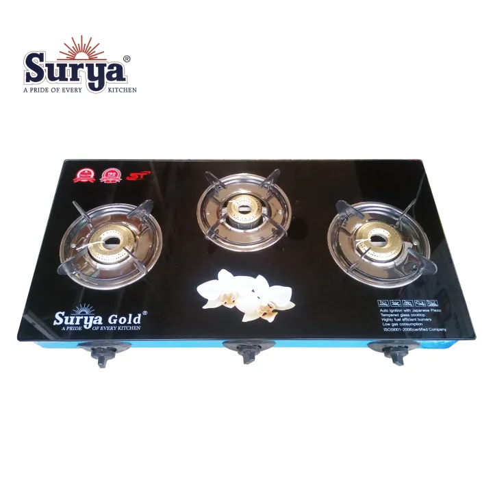Suurya Automatic Stove Automatic Gas Stove Black Glass Stove 3 burner 1 year warranty