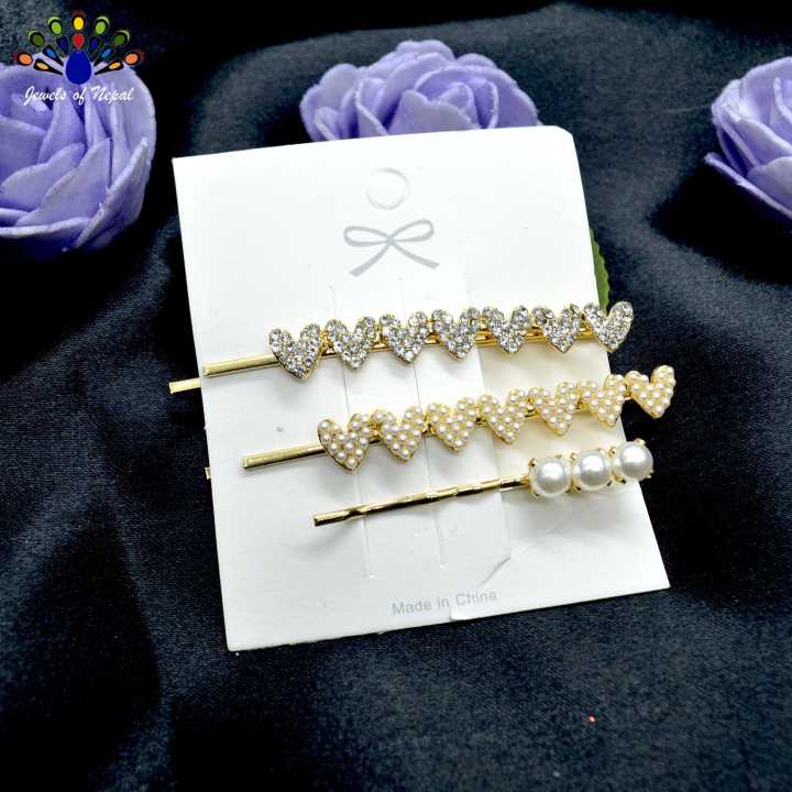 Stones & Simulated Pearl Set Hair Clip by Jewels of Nepal- Set of 3