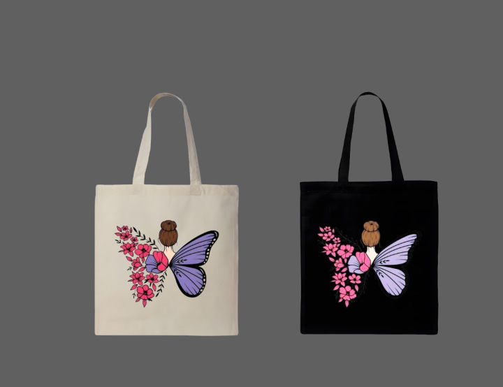Minimalist Floral Fairy Butterfly Girl Printed Tote Bag  – Eco-Friendly Cotton Shoulder Shopping Bag-White, Black
