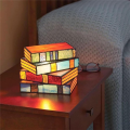 3PCS Stained Glass Stacked Books Lamp Vintage Handcrafted Glass Nightstand Desk Book Lamps Multicolor. 