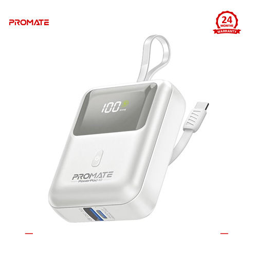 Promate POWERPOD-10, Power Bank with Built-In USB-C Cable, 10000mAh Compact Fast Charging Power Bank, 35W USB-C Power Delivery and 18W USB-A Qualcomm QC 3.0 Port