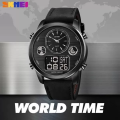 SKMEI 1653 Men’s World Time Dual Display Movement LED Electronic Multifunction Leather Strap Watch – Black. 