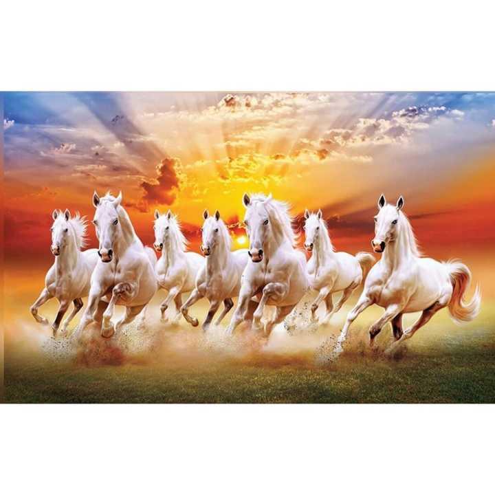 3D Multi Colors Seven Lucky Running Horses Vastu Wallpapers Fully Waterproof Vinyl Sticker Poster for Living Room,Bedroom,Office,Kids Room,Hall