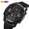 SKMEI 1653 Men’s World Time Dual Display Movement LED Electronic Multifunction Leather Strap Watch – Black. 