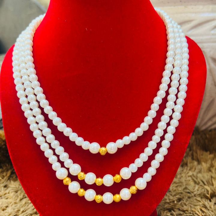 Three Layer Moti Mala Necklace With Gold Beads
