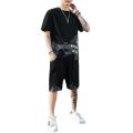 Casual suit men's summer new watermark personality bird pattern teen snow mountain short sleeve shorts two-piece set. 