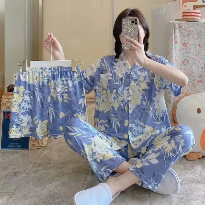 3%20Piece%20Pajama%20Set%20Girls'%20short%20sleeve%20shirt%20long%20trouser%20Home%20wear%20Short%20Sets%20Night%20Shirt%20Pajama%20Women's%20Sleepwear%20-%20Image%203