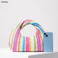 Sutuiying Vintage woven handbag, simple commuter bag, beach wind rainbow Bargain price bag, holiday casual straw purse (random pattern). 