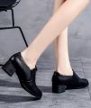 Fashion Elegant Deep Mouth Soft Leather Shoes Women Fall Spring 2026 Black Block Med Heels Pumps For Ladies Office Casual Work. 