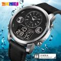 SKMEI 1653 Men Watch World Time Dual Display Movement LED Electronic Multifunction Leather Strap - Black/Silver. 