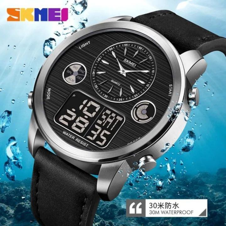 SKMEI 1653 Men Watch World Time Dual Display Movement LED Electronic Multifunction Leather Strap - Black/Silver