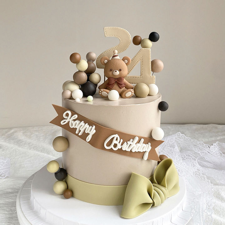 Brown Bow Bear Doll Cake Topper Earth Color Foam Ball Happy Birthday ...
