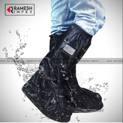 Black Stylish Long Length Anti-Slip Sole Grip Rainproof And Mudproof Side Zippered Rain Shoe Saver For Men