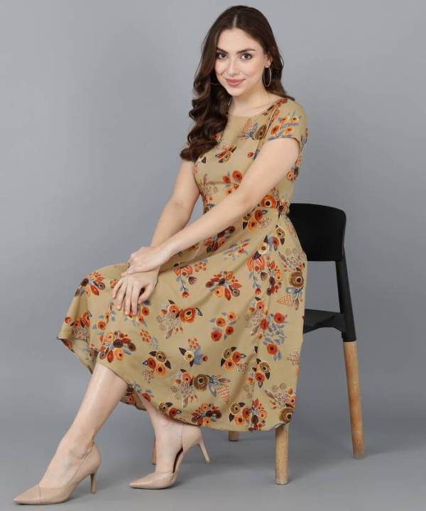 one piece for Women girls Fit Flare Beige color Short Sleeve