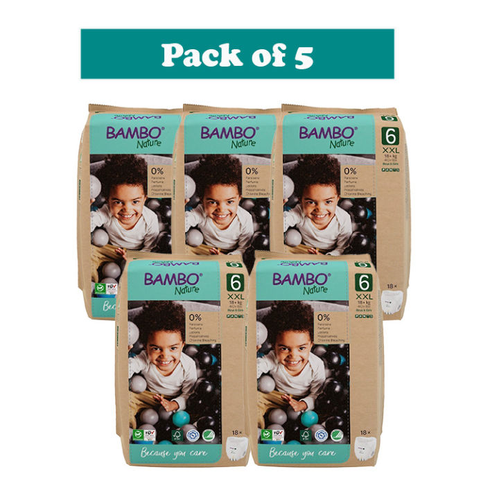 Bambo Nature Baby Diapers Size 6 XXL (15+ kg) – 18 pcs (Pack of 5)  Pants Style | Eco-Friendly, Soft & Sensitive Skin Safe Diapers