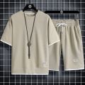 Waffle short sleeve t-shirt men's casual sportswear wholesale summer loose two-piece half-sleeved t-shirt two-piece set. 