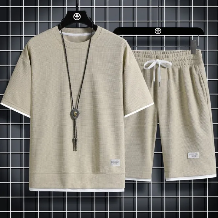 Waffle%20short%20sleeve%20t-shirt%20men's%20casual%20sportswear%20wholesale%20summer%20loose%20two-piece%20half-sleeved%20t-shirt%20two-piece%20set%20-%20Image%204