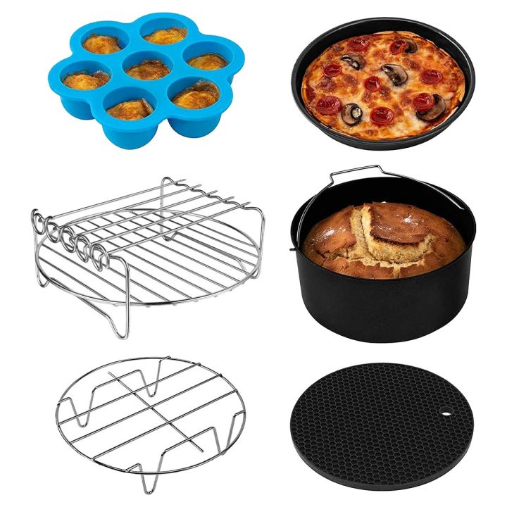 6Pcs Air Fryer Accessories for Dual Air Fryer Multi-Layer Dehydrator Rack with 4 Barbecue Sticks Air Fryer Accessories 8 Inch Cake Pan Kit