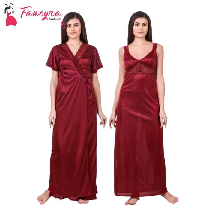 Fancyra Women Satin Solid Nighty Nightwear Set And Wrap Gown Half Sleeve Free Size