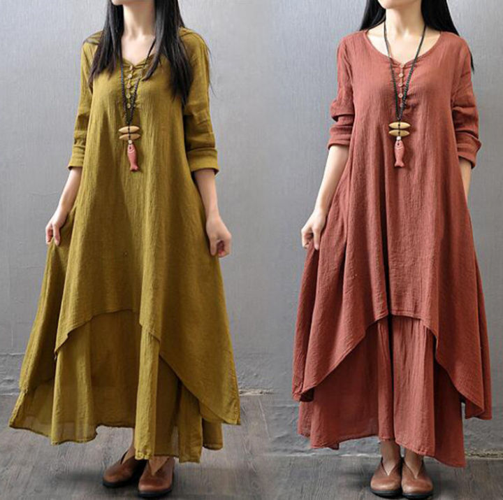 2023 Spring and Autumn New Fake Two-piece Long Dress Artistic Large Swing Linen Dress Loose Long-sleeved Cotton Linen Dress