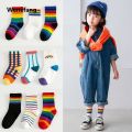 Wenefang 3 Pairs/Pack Autumn Winter New Children's Socks Boys And Girls Rainbow Hot Selling Striped In Tube Tide Socks Baby Kids Cotton Sport Socks. 