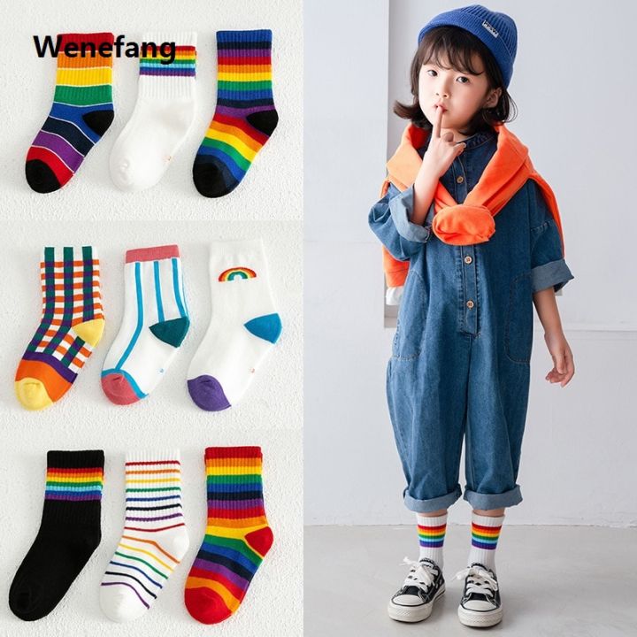 Wenefang%203%20Pairs/Pack%20Autumn%20Winter%20New%20Children's%20Socks%20Boys%20And%20Girls%20Rainbow%20Hot%20Selling%20Striped%20In%20Tube%20Tide%20Socks%20Baby%20Kids%20Cotton%20Sport%20Socks%20-%20Image%202