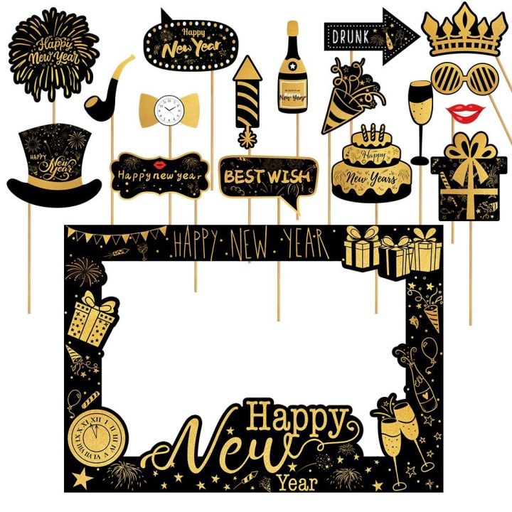 Fashion Paper Photo Booth Props Black Gold Happy New Year Photo Frame Party Supplies Christmas Gift Xmas Photo Supplies New Year