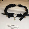 Sale】Sweet Cool Pleated Fabric Love Cross Necklace Spice Style Choker Chain All-match Necklace Women. 