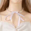 Retro Imitation Pearl Beads Necklace Clavicle Chain Long Ribbon Bow Choker Women Simple Jewelry Fashion Accessories. 