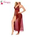 Fancyra Elegant Lace Lingerie Set with High Split Maxi Dress and G String Panty, Free Size Wine Red. 