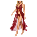 Fancyra Elegant Lace Lingerie Set with High Split Maxi Dress and G String Panty, Free Size Wine Red. 