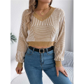 Women'S Cropped Sweater V-Neck Long Sleeve Crop Sweater Pullover Jumper Knit Top Khaki XL. 