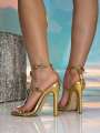 Womens Gold High Heel Sandals, Elegant Beaded Strap Party/Evening Shoes With Pointed Toe And Thin Heels. 