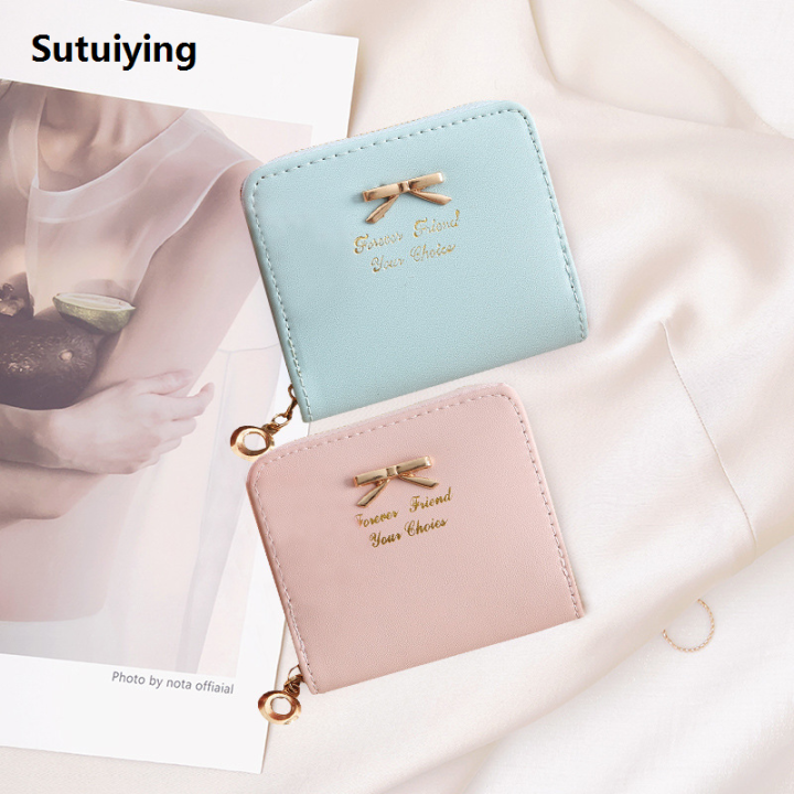 Sutuiying 1PC Wallet Female Short for Coins New Cute Candy Bow Women Small Original Leather Wallets Zipper Purses Girls Lady Purse Card Holders