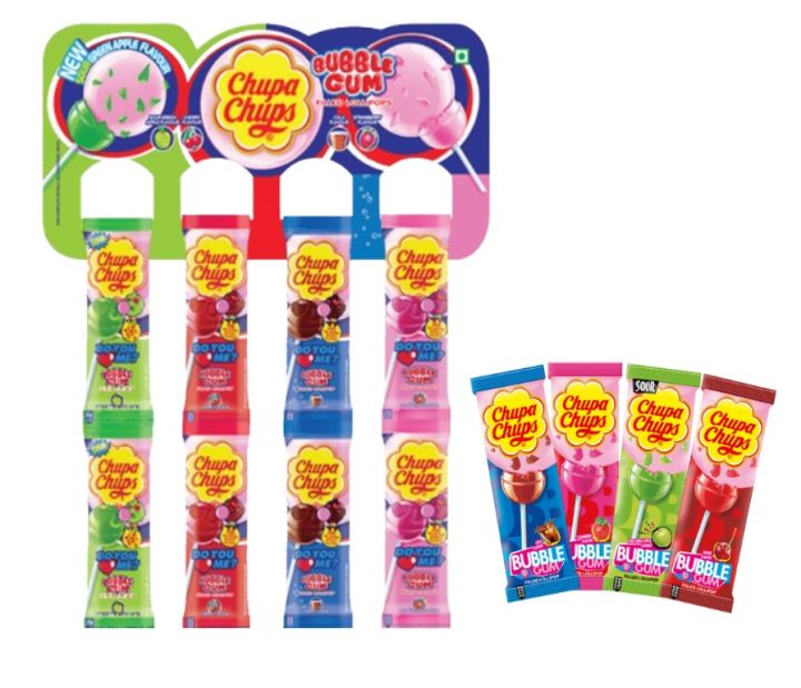 Chupa Chups Gum Filled Lollipop – All 4 Flavors – Cola, Sour Green Apple, Strawberry, Cherry – 48 Pcs