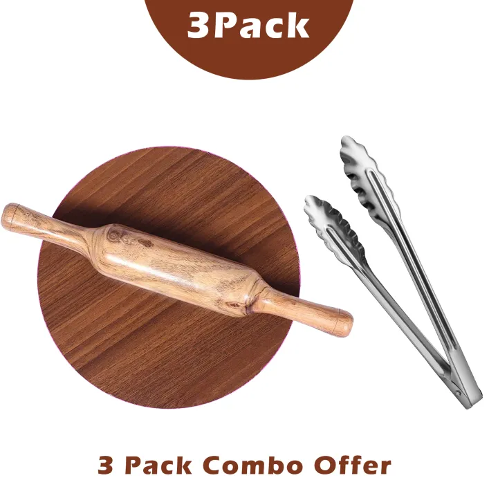 3-in-1 Combo – Wooden Chakla Belan Set + Stainless Steel Chapati Tong ...