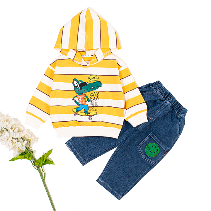 2-Piece Baby Boy Crocodile Print Striped Hoodie and Denim Pants Sets - Yellow